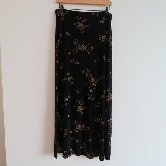 VINTAGE EZ TOWN Y2K Black Gold Floral Stretch Maxi Skirt Friends Whimsigoth Goth - Picture 10 of 13